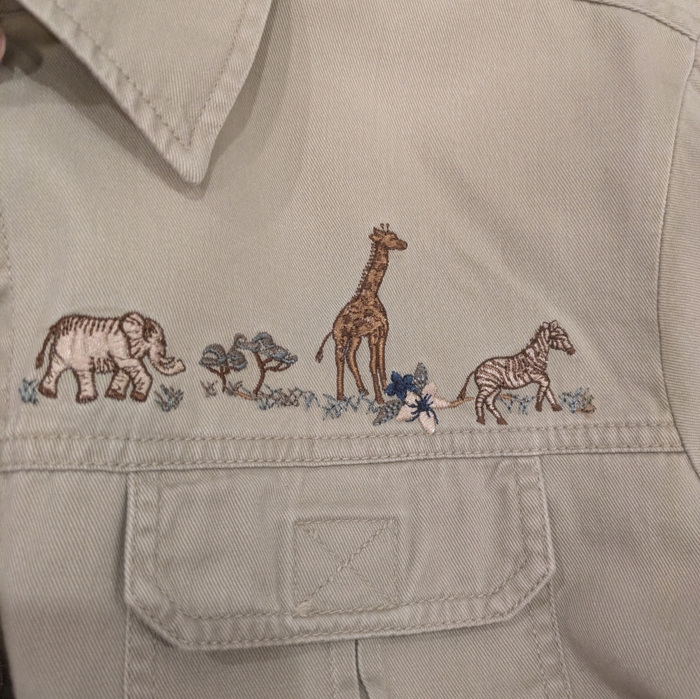 Vintage Velcro Safari Short Sleeve with giraffe and elephant embroidery Size L - Picture 2 of 8